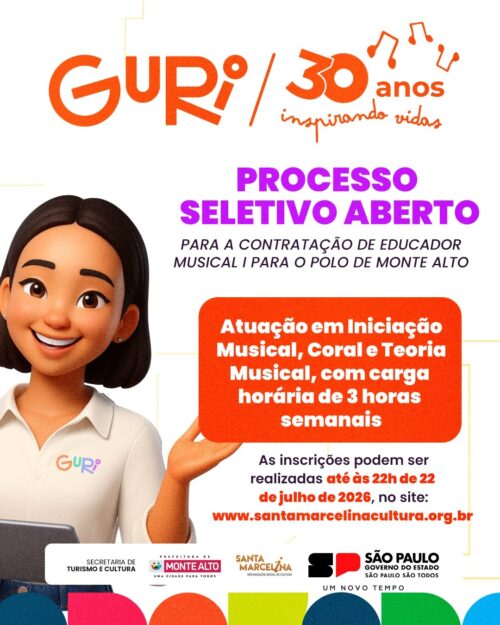 Projeto Guri lança edital para vaga de Educador Musical em Monte Alto
