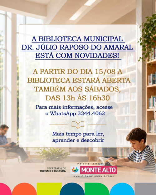Biblioteca de Monte Alto ganha horário especial aos sábados a partir de 15 de agosto