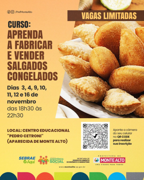 Curso gratuito vai ensinar fabricação e venda de salgados congelados em Aparecida de Monte Alto
